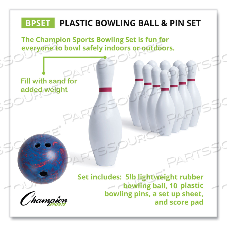 BOWLING SET, PLASTIC/RUBBER, WHITE, 1 BALL/10 PINS/SET by Champion Sports