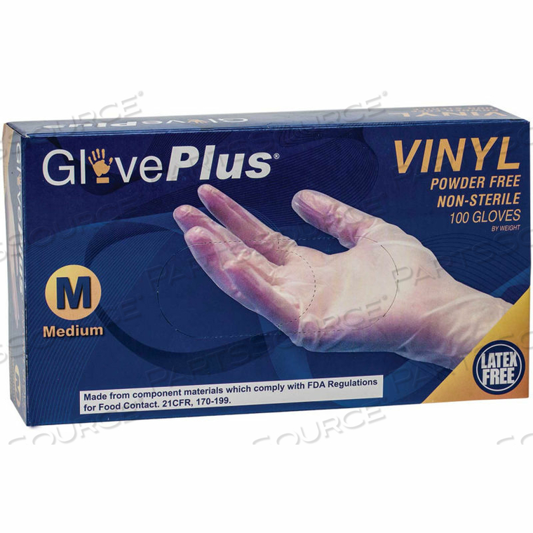 GLOVEPLUS INDUSTRIAL GRADE VINYL GLOVES, 4 MIL, POWDER-FREE, L, CLEAR, 100/BOX 