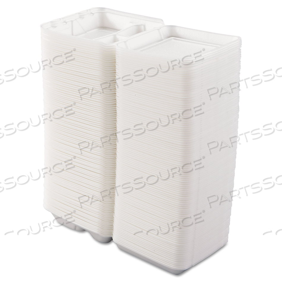 FOAM HINGED LID CONTAINERS, 3-COMPARTMENT, 7.5 X 8 X 2.3, WHITE by Dart Container Corporation FOAM HINGED LID CONTAINERS, 3-COMPARTMENT, 7.5 X 8 X 2.3, WHITE by Dart Container Corporation