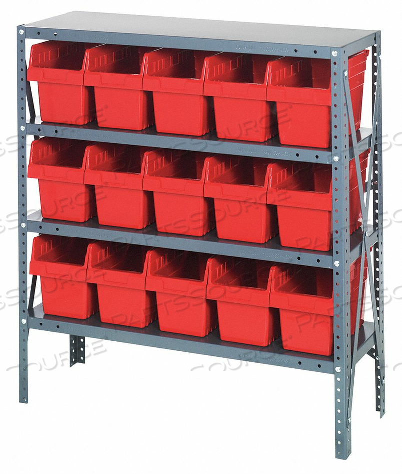 1239-SB802 STEEL SHELVING WITH 15 8"H PLASTIC SHELF BINS RED, 36X12X39-SB4 SHELVES by Quantum Storage Systems 1239-SB802 STEEL SHELVING WITH 15 8"H PLASTIC SHELF BINS RED, 36X12X39-SB4 SHELVES by Quantum Storage Systems