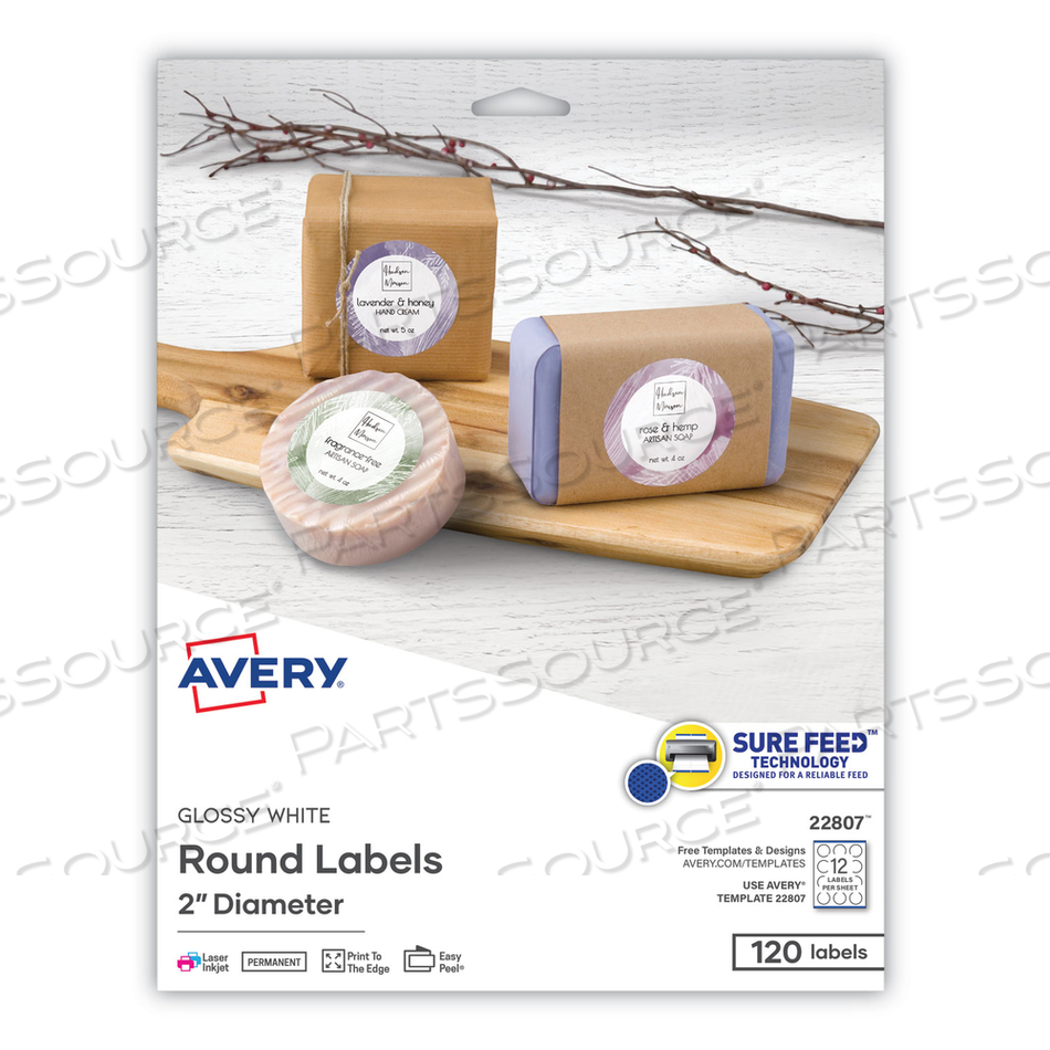 ROUND PRINT-TO-THE EDGE LABELS WITH SURE FEED AND EASY PEEL, 2" DIA, GLOSSY WHITE by Avery ROUND PRINT-TO-THE EDGE LABELS WITH SURE FEED AND EASY PEEL, 2" DIA, GLOSSY WHITE by Avery