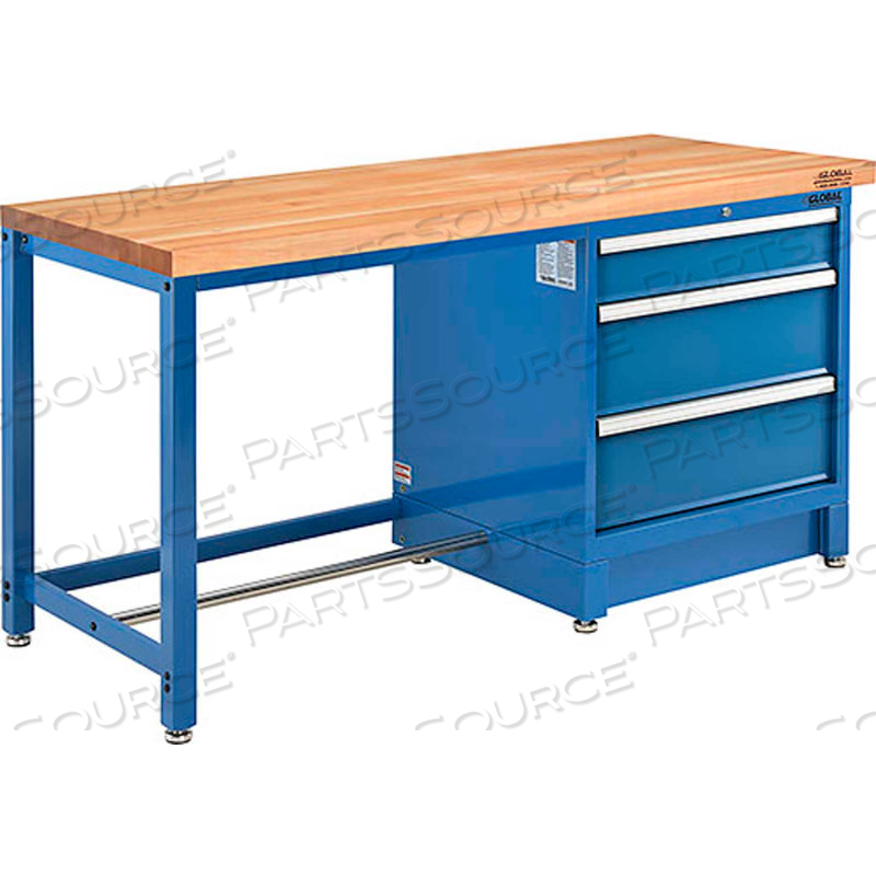 72WX30D MODULAR WORKBENCH, 3 DRAWERS, MAPLE BUTCHER BLOCK SQUARE EDGE, BLUE by Approved Vendor