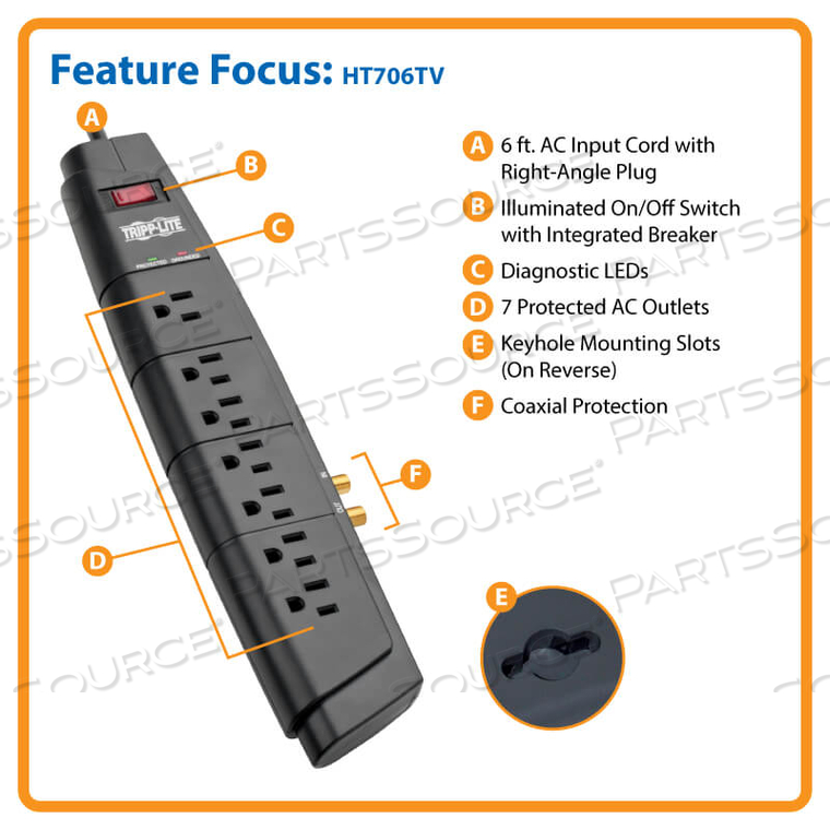 HOME THEATER SURGE PROTECTOR STRIP 7 OUTLET COAX 6FT CORD 1500 JOULE 