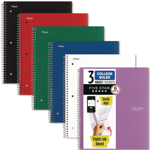 WIREBOUND NOTEBOOK, 3-SUBJECT, MEDIUM/COLLEGE RULE, ASSORTED COVER COLORS, (150) 11 X 9.13 SHEETS, 6/PACK by Five Star