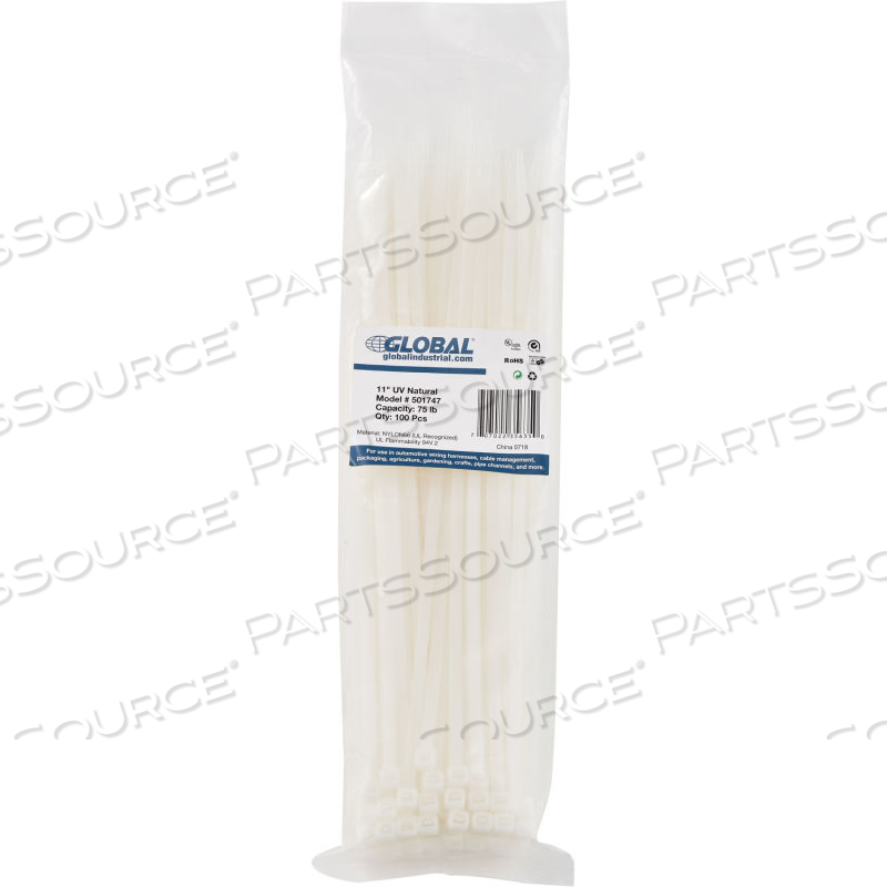 11" CABLE ZIP TIES, NATURAL W/UV, 75 LB, 100 PACK by Approved Vendor