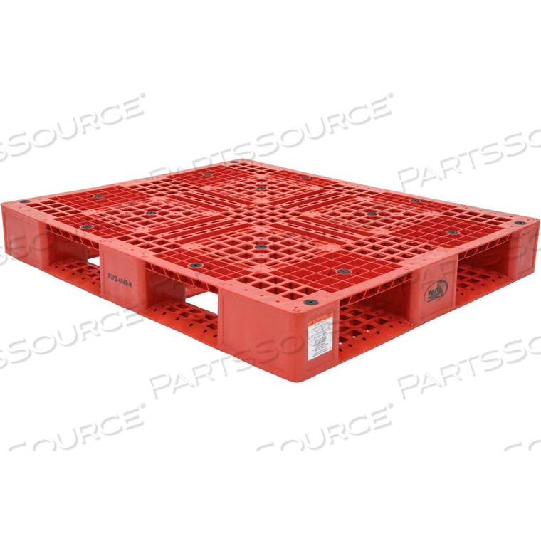 STACKABLE PLASTIC PALLET 47-3/8X39-1/2X6, 6600 LB FLOOR & 2200 LB FORK CAP., RED by Vestil Manufacturing Corp. STACKABLE PLASTIC PALLET 47-3/8X39-1/2X6, 6600 LB FLOOR & 2200 LB FORK CAP., RED by Vestil Manufacturing Corp.