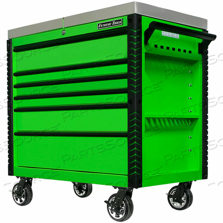 41"WX25-3/4"DX43-7/8"H 6 DRAWER GREEN SLIDING TOP TOOL CART BLACK PULLS by Extreme Tools Inc. 41"WX25-3/4"DX43-7/8"H 6 DRAWER GREEN SLIDING TOP TOOL CART BLACK PULLS by Extreme Tools Inc.