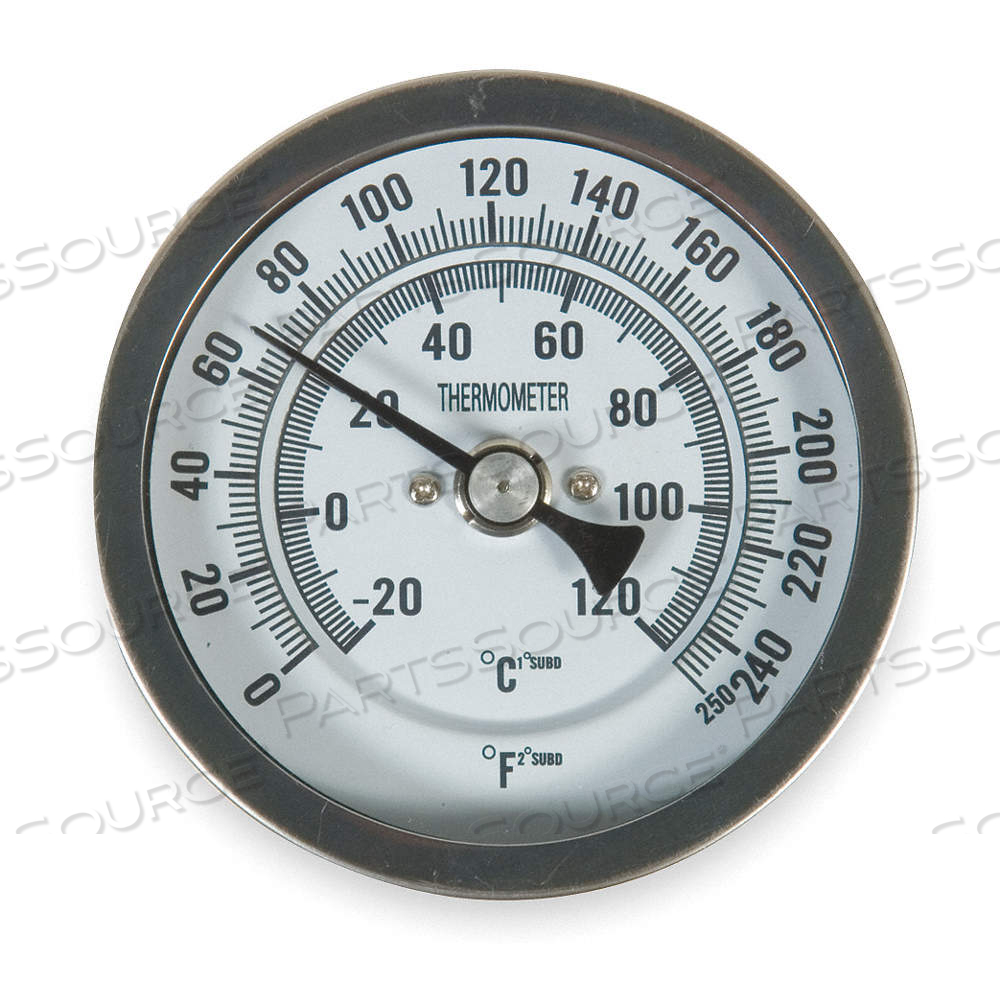 DIAL THERMOMETER, BACK, 0° TO 250°F/-20° TO 120°C, 1/2 IN NPT, 4 IN STEM LG, 3 IN DIAL DIA, 3 YR by Approved Vendor