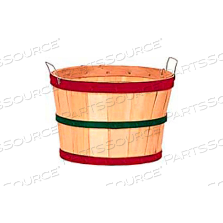 1/2 BUSHEL WOOD BASKET WITH TWO METAL HANDLES, RED/GREEN/RED BANDS 12 PC - NATURAL 