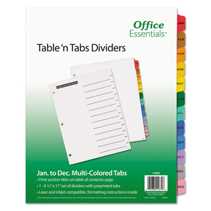 TABLE 'N TABS DIVIDERS, 12-TAB, JAN. TO DEC., 11 X 8.5, WHITE, ASSORTED TABS, 1 SET by Office Essentials