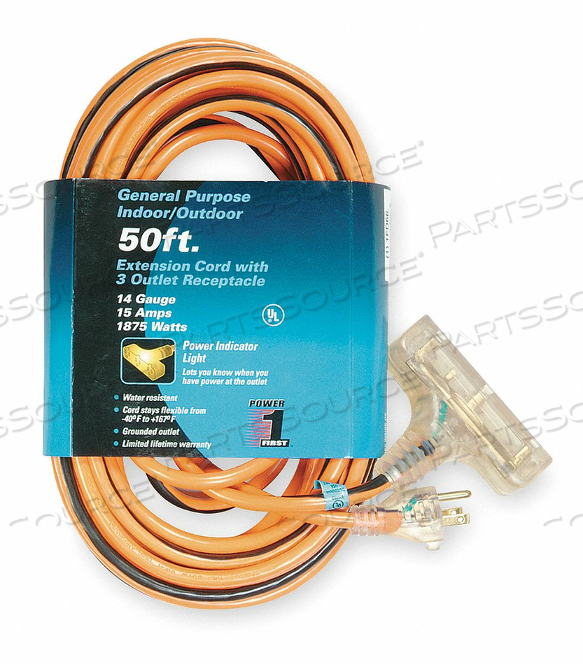LIGHTED EXTENSION CORD, LOCATION OUTDOOR, CORD LENGTH 50 FT, WIRE SIZE 14 AWG, MAX. AMPS 15 A, VOLTAGE 125V AC, PLUG CONFIGURATION NEMA 5-15 by Power First LIGHTED EXTENSION CORD, LOCATION OUTDOOR, CORD LENGTH 50 FT, WIRE SIZE 14 AWG, MAX. AMPS 15 A, VOLTAGE 125V AC, PLUG CONFIGURATION NEMA 5-15 by Power First