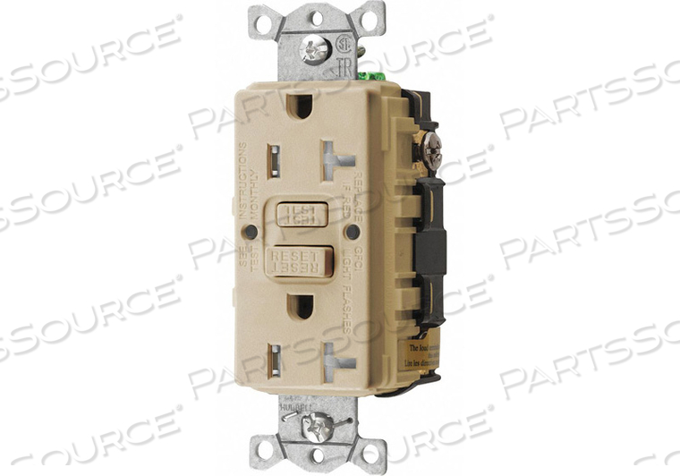 GFCI RECEPTACLE, 125V, 20A, 2P, 3W, IVORY, 5-20R by Hubbell Incorporated, Wiring Device-Kellums GFCI RECEPTACLE, 125V, 20A, 2P, 3W, IVORY, 5-20R by Hubbell Incorporated, Wiring Device-Kellums