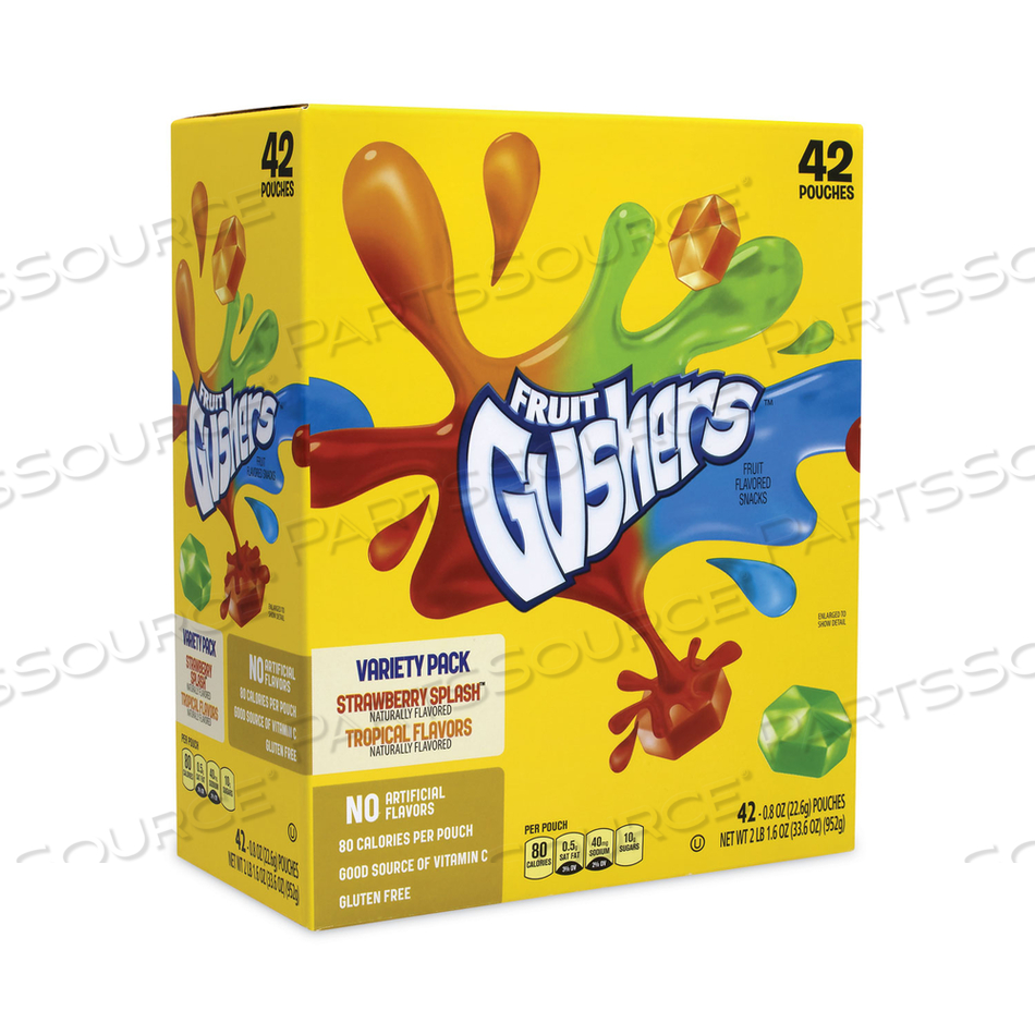 FRUIT GUSHERS FRUIT SNACKS, STRAWBERRY AND TROPICAL FRUIT FLAVORS, 0.8 OZ, 42 POUCHES/BOX 