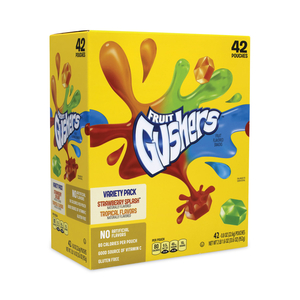 FRUIT GUSHERS FRUIT SNACKS, STRAWBERRY AND TROPICAL FRUIT FLAVORS, 0.8 OZ, 42 POUCHES/BOX by Betty Crocker