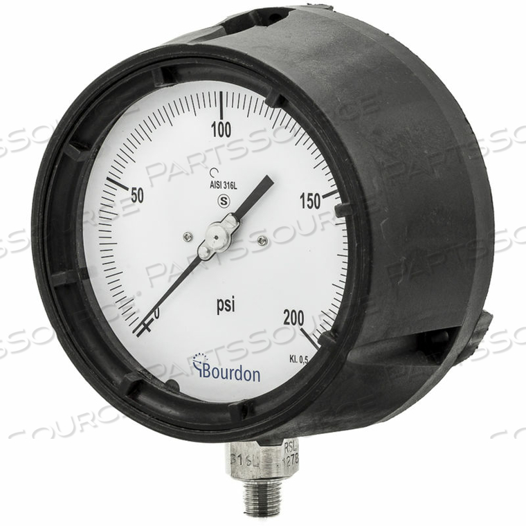 BOURDON 4.5" PROCESS GAUGE, 1/4" NPT, 0/200 PSI, DRY FILLABLE, LOWER MOUNT, SS 