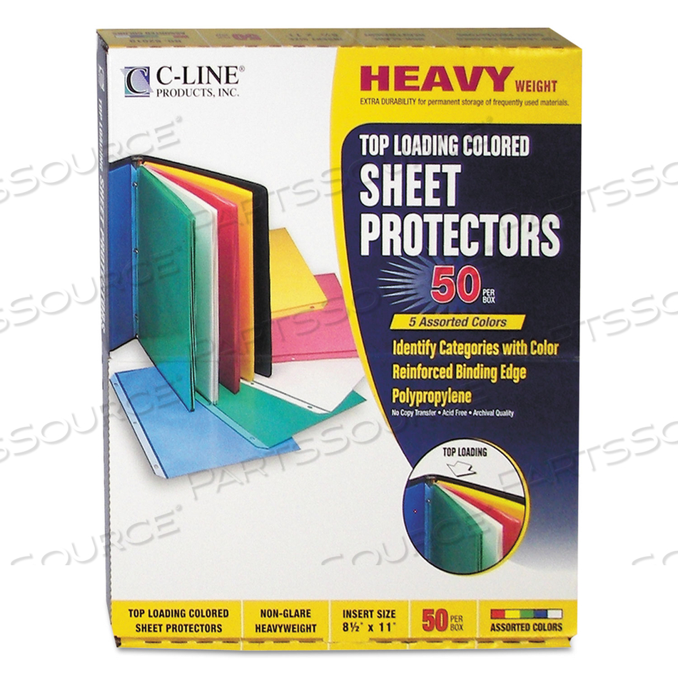 COLORED POLYPROPYLENE SHEET PROTECTORS, ASSORTED COLORS, 2", 11 X 8.5 by C-Line COLORED POLYPROPYLENE SHEET PROTECTORS, ASSORTED COLORS, 2", 11 X 8.5 by C-Line