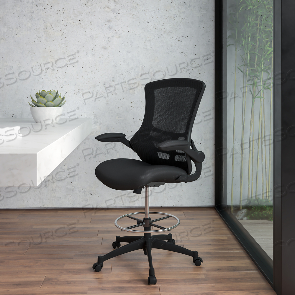 KELISTA MID-BACK BLACK MESH ERGONOMIC DRAFTING CHAIR WITH ADJUSTABLE FOOT RING AND FLIP-UP ARMS by Flash Furniture KELISTA MID-BACK BLACK MESH ERGONOMIC DRAFTING CHAIR WITH ADJUSTABLE FOOT RING AND FLIP-UP ARMS by Flash Furniture