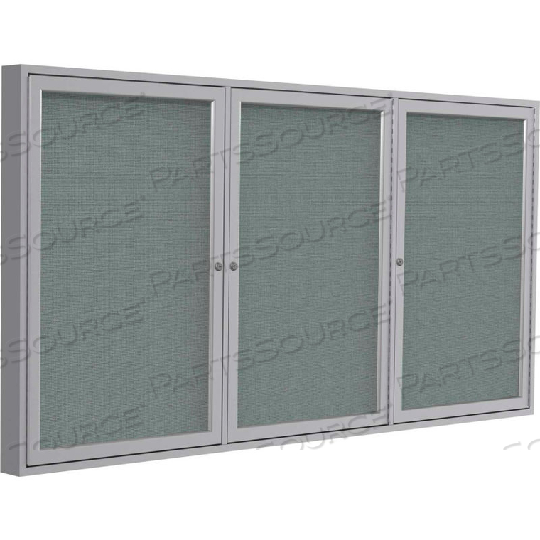 ENCLOSED BULLETIN BOARD - 3 DOOR - GRAY FABRIC W/SILVER FRAME - 48" X 96" by Ghent ENCLOSED BULLETIN BOARD - 3 DOOR - GRAY FABRIC W/SILVER FRAME - 48" X 96" by Ghent
