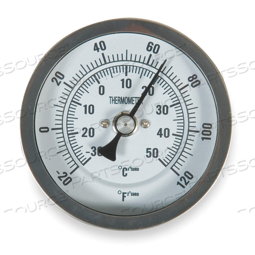 DIAL THERMOMETER, BACK, -20° TO 120°F/-30° TO 50°C, 1/2 IN NPT, 4 IN STEM LG, 3 IN DIAL DIA, 3 YR by Approved Vendor DIAL THERMOMETER, BACK, -20° TO 120°F/-30° TO 50°C, 1/2 IN NPT, 4 IN STEM LG, 3 IN DIAL DIA, 3 YR by Approved Vendor