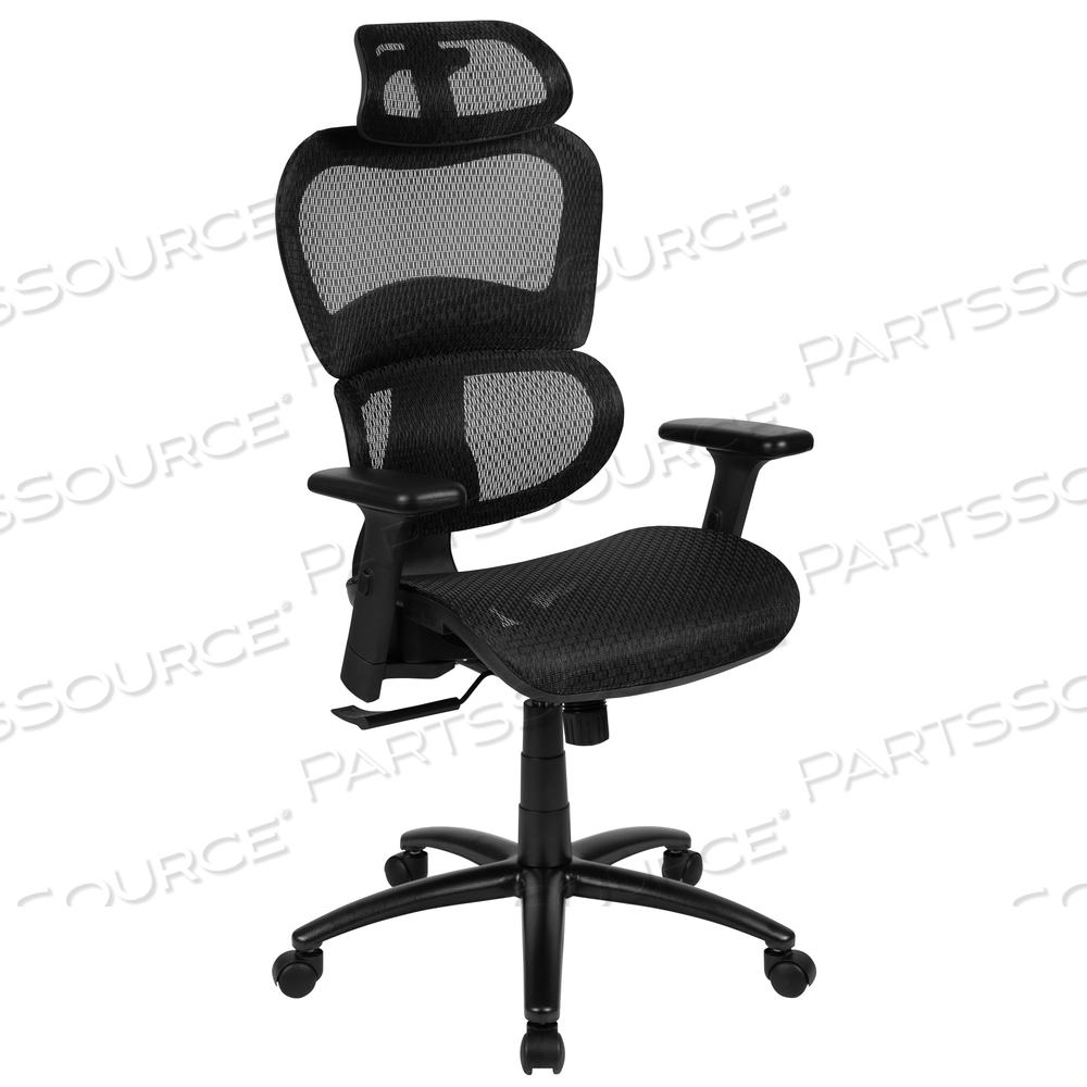 LO ERGONOMIC MESH OFFICE CHAIR WITH 2-TO-1 SYNCHRO-TILT, ADJUSTABLE HEADREST, LUMBAR SUPPORT, AND ADJUSTABLE PIVOT ARMS IN BLACK by Flash Furniture