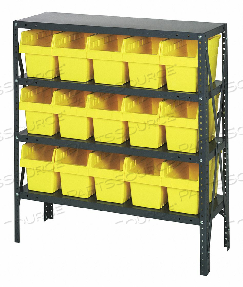 1239-SB802 STEEL SHELVING WITH 15 8"H PLASTIC SHELF BINS YELLOW, 36X12X39-SB4 SHELVES by Quantum Storage Systems 1239-SB802 STEEL SHELVING WITH 15 8"H PLASTIC SHELF BINS YELLOW, 36X12X39-SB4 SHELVES by Quantum Storage Systems
