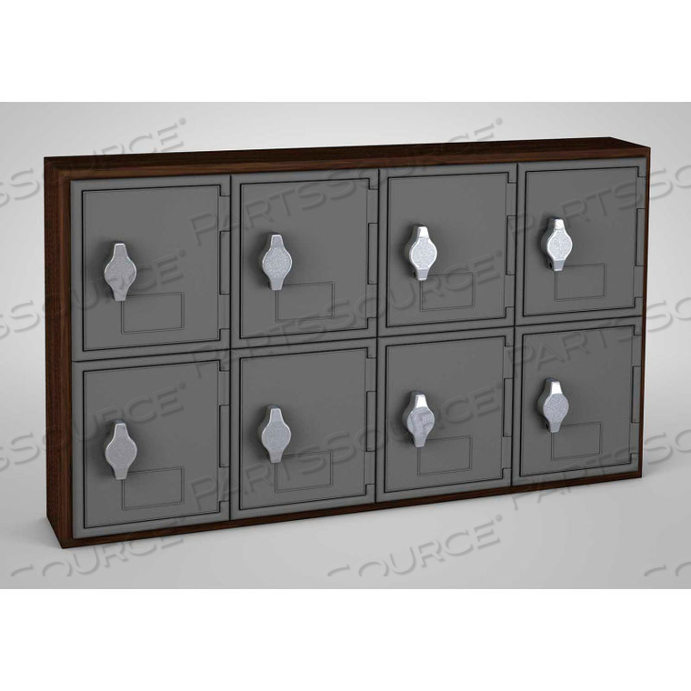 8 DOOR CELL PHONE LOCKER W/HASP LOCK, 24"WX4"DX13-1/2"H,WALNUT/GRAY,ASSEMBLED by United Visual Products 8 DOOR CELL PHONE LOCKER W/HASP LOCK, 24"WX4"DX13-1/2"H,WALNUT/GRAY,ASSEMBLED by United Visual Products