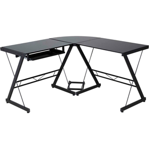 ONESPACE ULTRAMODERN GLASS L-SHAPED COMPUTER DESK, BLACK by Comfort Products