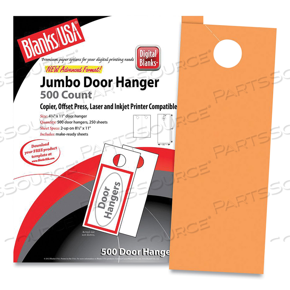 JUMBO MICRO-PERFORATED DOOR HANGERS, 65 LB COVER WEIGHT, 8.5 X 11, HUNTER'S ORANGE, 2 HANGERS/SHEET, 250 SHEETS/PACK 