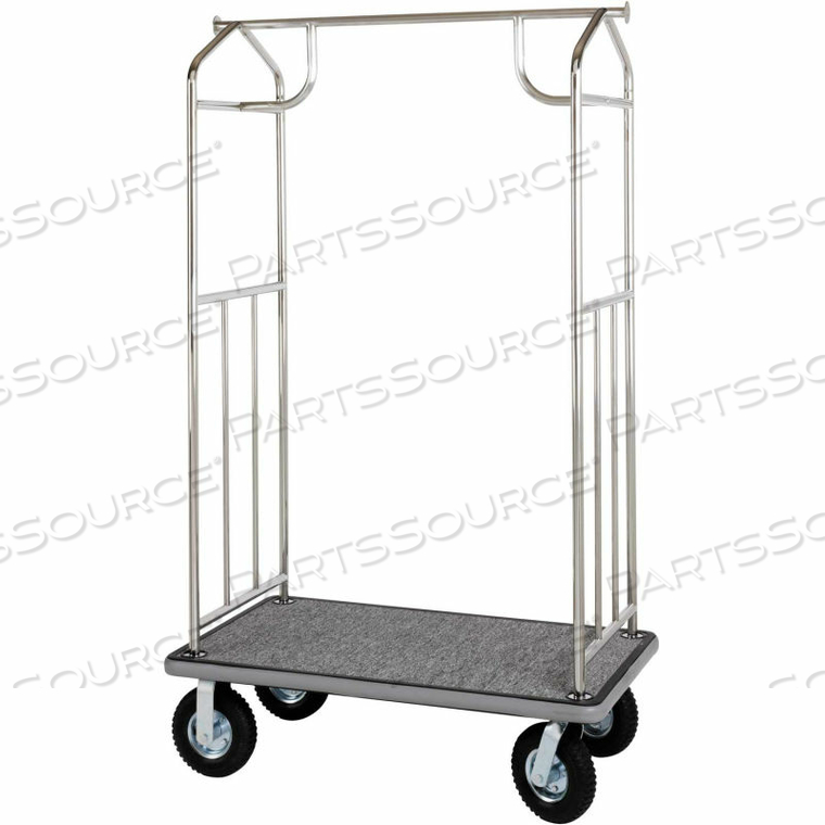 CHROME TRANSPORTER BELLMAN CART, STRAIGHT UPRIGHTS, BLACK CARPET, GRAY BUMPER 