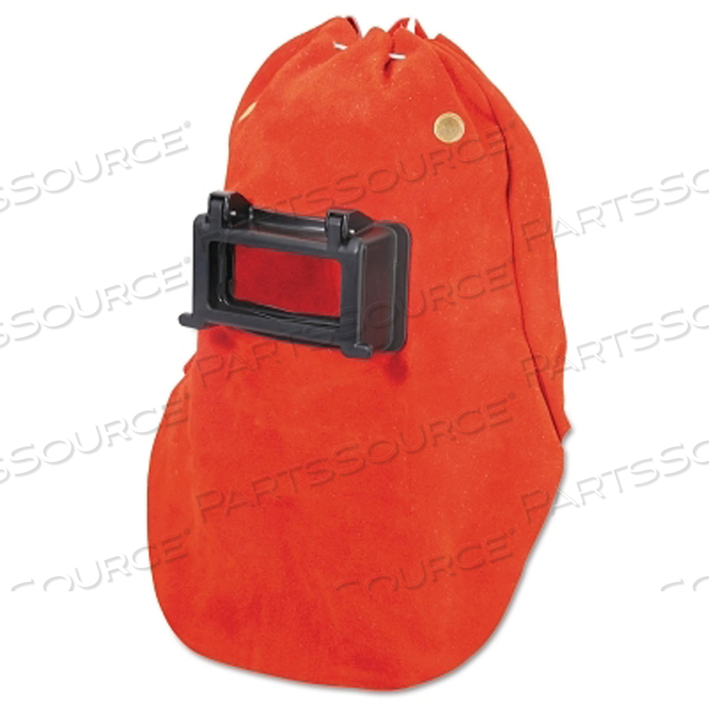 FIBRE-METAL LEATHER WELDING HOOD, LENS SHADE 10, ORANGE, LIFT-FRONT GLASSHOLDER, 2 IN X 4-1/4 IN WINDOW by Fibre-Metal FIBRE-METAL LEATHER WELDING HOOD, LENS SHADE 10, ORANGE, LIFT-FRONT GLASSHOLDER, 2 IN X 4-1/4 IN WINDOW by Fibre-Metal
