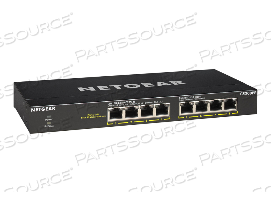 GS308PP, SWITCH, UNMANAGED, 8 X 10/100/1000 (POE+), DESKTOP, WALL-MOUNTABLE, POE+ (83 W), DC POWER by Netgear