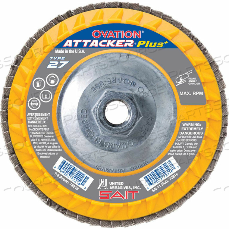 OVATION ATTACKER FLAP DISC T27 5"X 5/8-11" 40 GRIT ZIRCONIUM by United Abrasives-Sait OVATION ATTACKER FLAP DISC T27 5"X 5/8-11" 40 GRIT ZIRCONIUM by United Abrasives-Sait