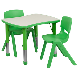 EMMY 21.875''W X 26.625''L RECTANGULAR GREEN PLASTIC HEIGHT ADJUSTABLE ACTIVITY TABLE SET WITH 2 CHAIRS by Flash Furniture