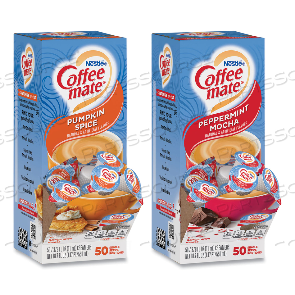 LIQUID COFFEE CREAMER, CINNAMON/PEPPERMINT/PUMPKIN/VANILLA, 0.38OZ MINI CUPS, 50/PK,4 PK/CT 