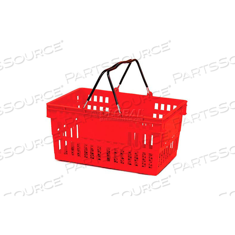 RED PLASTIC SHOPPING BASKET 26 LITER WITH BLACK PLASTIC GRIPS WIRE HANDLE by Versacart Systems, Inc. RED PLASTIC SHOPPING BASKET 26 LITER WITH BLACK PLASTIC GRIPS WIRE HANDLE by Versacart Systems, Inc.