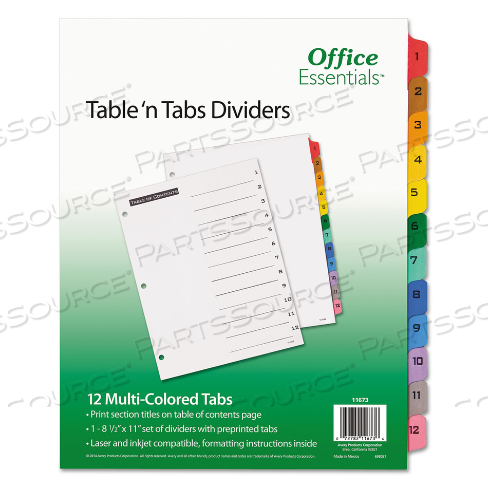 TABLE 'N TABS DIVIDERS, 12-TAB, 1 TO 12, 11 X 8.5, WHITE, ASSORTED TABS, 1 SET 