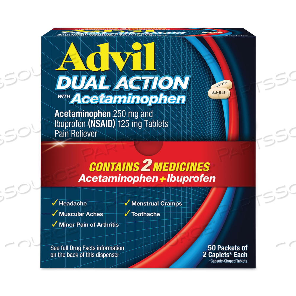 DUAL ACTION WITH ACETAMINOPHEN AND IBUPROFEN CAPLETS, 50 PACKETS OF 2 CAPLETS 