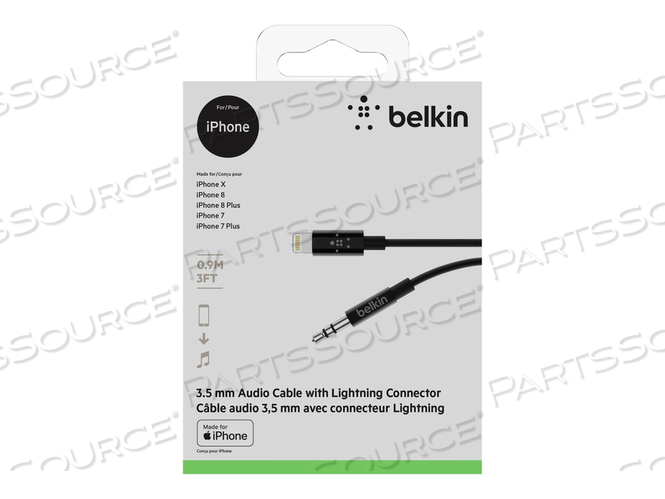 LIGHTNING TO HEADPHONE JACK CABLE, LIGHTNING MALE TO STEREO MINI JACK MALE, 3 FT, BLACK, FOR APPLE IPHONE (LIGHTNING) by Belkin