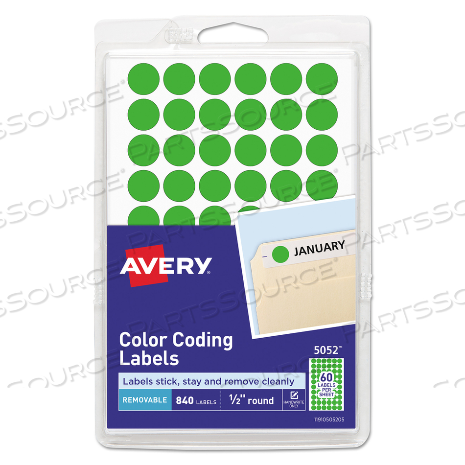 HANDWRITE ONLY SELF-ADHESIVE REMOVABLE ROUND COLOR-CODING LABELS, 0.5" DIA, NEON GREEN, 60/SHEET, 14 SHEETS/PACK, (5052) by Avery HANDWRITE ONLY SELF-ADHESIVE REMOVABLE ROUND COLOR-CODING LABELS, 0.5" DIA, NEON GREEN, 60/SHEET, 14 SHEETS/PACK, (5052) by Avery