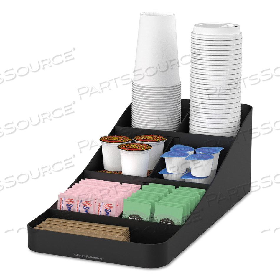 TROVE SEVEN-COMPARTMENT COFFEE CONDIMENT ORGANIZER, 7.75 X 16 X 5.25, BLACK by Mind Reader TROVE SEVEN-COMPARTMENT COFFEE CONDIMENT ORGANIZER, 7.75 X 16 X 5.25, BLACK by Mind Reader