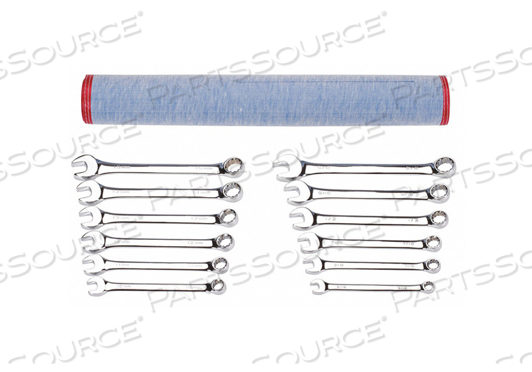 COMBINATION WRENCH SET, ALLOY STEEL, CHROME, NUMBER OF TOOLS 12, RANGE OF HEAD SIZES 10 MM TO 15 MM, 5/16 IN TO 5/8 IN, HEAD OFFSET ANGLE 15 by Westward