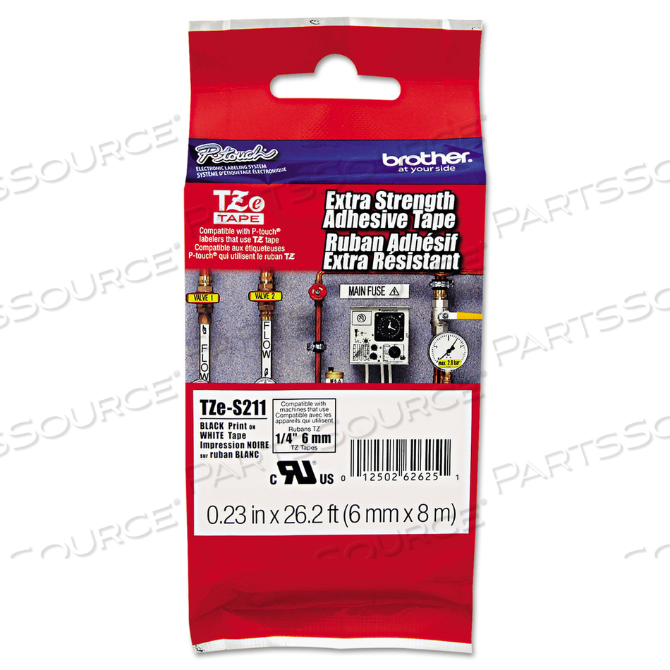 TZE EXTRA-STRENGTH ADHESIVE LAMINATED LABELING TAPE, 0.23" X 26.2 FT, BLACK ON WHITE by Brother