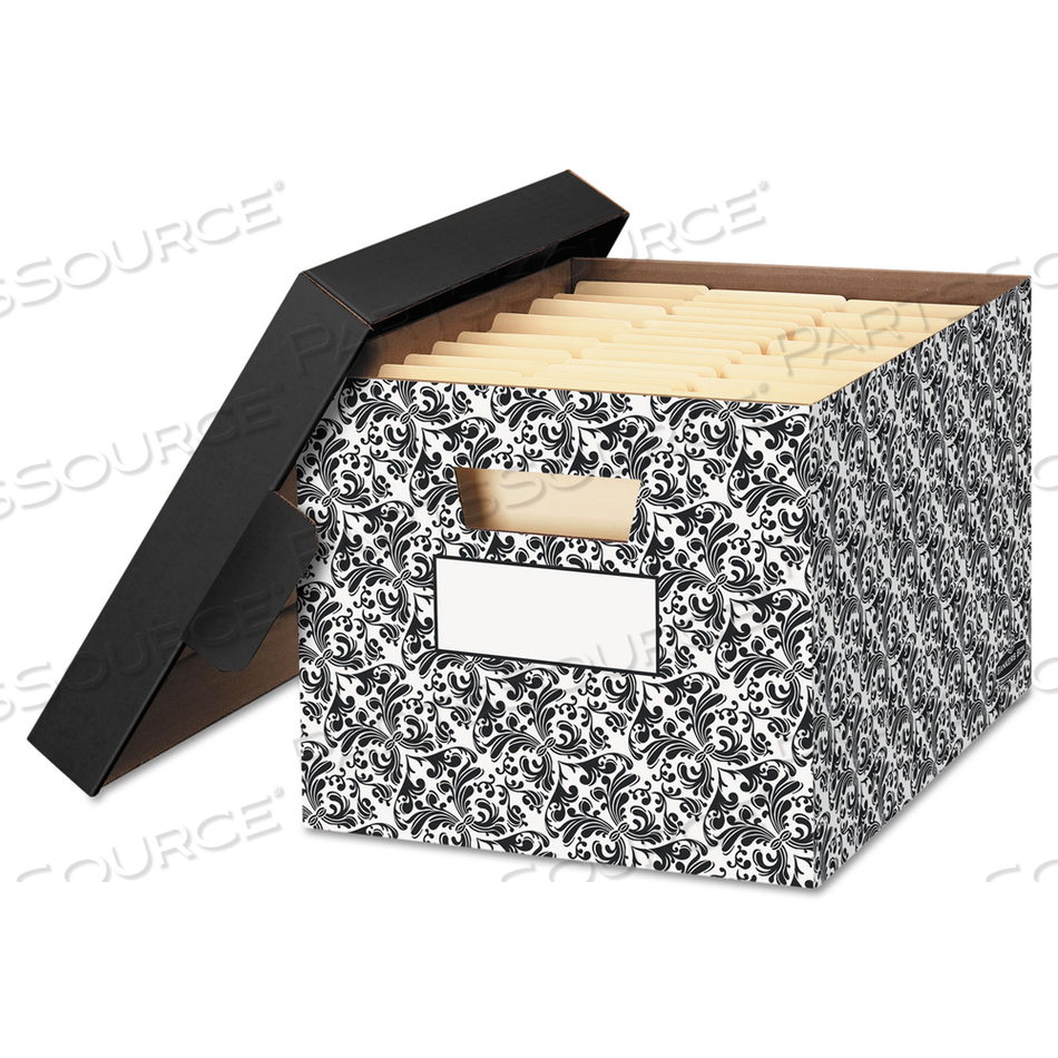 STOR/FILE DECORATIVE MEDIUM-DUTY STORAGE BOX, LETTER/LEGAL FILES, 12.5" X 16.25" X 10.5", BLACK/WHITE BROCADE DESIGN by Bankers Box