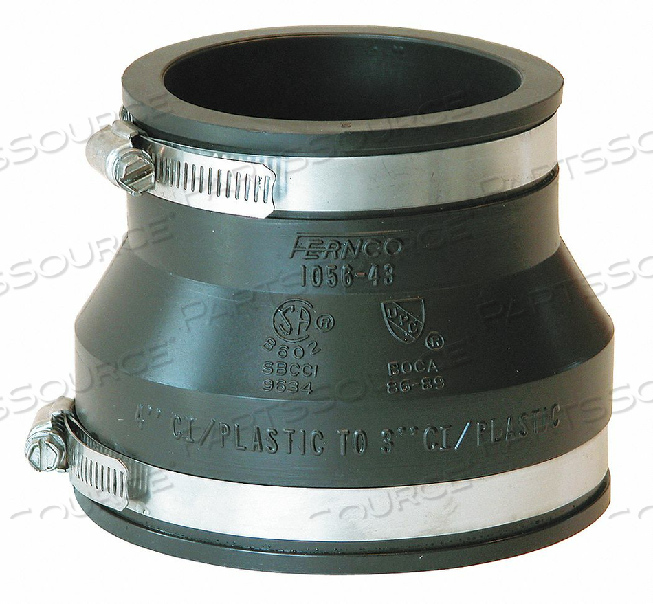 FLEXIBLE COUPLING, PVC, FOR 3 IN_4 IN PIPE, 4 IN OVERALL LG, 2 CLAMPS INCLUDED by Fernco FLEXIBLE COUPLING, PVC, FOR 3 IN_4 IN PIPE, 4 IN OVERALL LG, 2 CLAMPS INCLUDED by Fernco