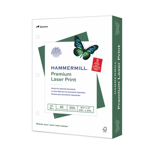 PREMIUM LASER PRINT PAPER, 98 BRIGHT, 3-HOLE, 24 LB BOND WEIGHT, 8.5 X 11, WHITE, 500/REAM by Hammermill PREMIUM LASER PRINT PAPER, 98 BRIGHT, 3-HOLE, 24 LB BOND WEIGHT, 8.5 X 11, WHITE, 500/REAM by Hammermill