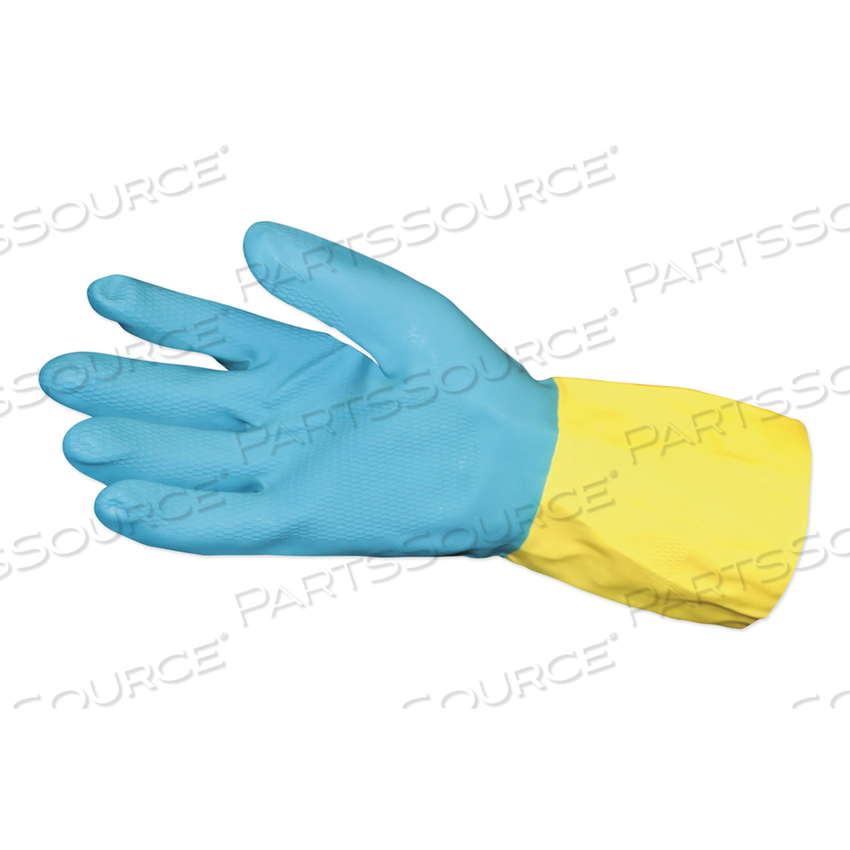 FLOCKED LINED NEOPRENE OVER LATEX GLOVES, POWDER-FREE, BLUE/YELLOW, LARGE, DOZEN 