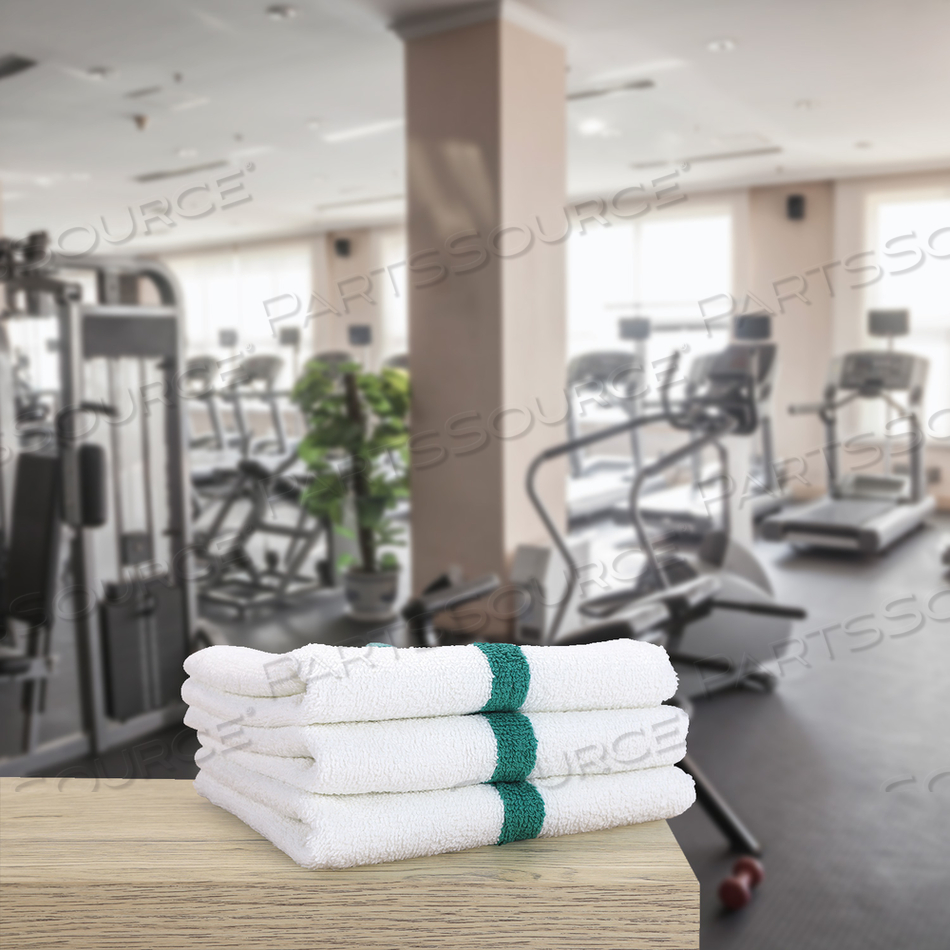 GYM POWER HAND TOWELS - GREEN CENTER STRIPE 16 X 27 by Monarch Brands Inc.