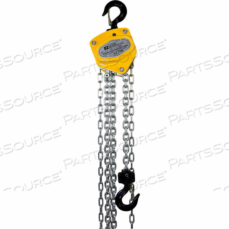 MANUAL CHAIN HOIST W/ OVERLOAD PROTECTION, 1/2 TON CAPACITY 30' LIFT by Oz Lifting Products MANUAL CHAIN HOIST W/ OVERLOAD PROTECTION, 1/2 TON CAPACITY 30' LIFT by Oz Lifting Products