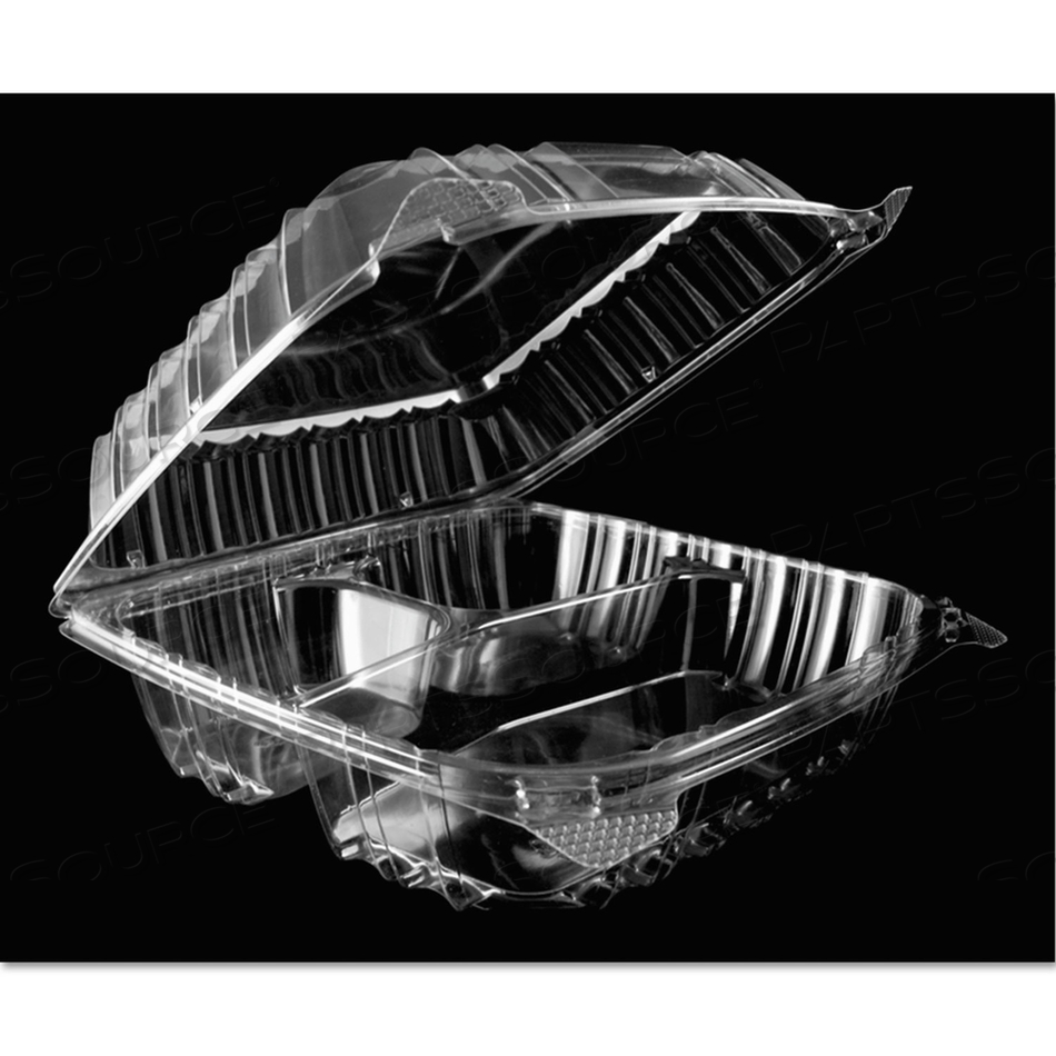 CLEARSEAL HINGED-LID PLASTIC CONTAINERS, 8.25 X 8.25 X 3, CLEAR, PLASTICS/CARTON by Dart Container Corporation CLEARSEAL HINGED-LID PLASTIC CONTAINERS, 8.25 X 8.25 X 3, CLEAR, PLASTICS/CARTON by Dart Container Corporation