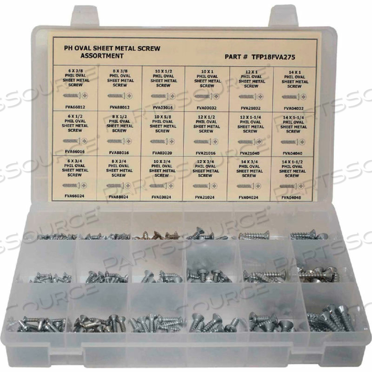 275 PIECE SHEET METAL (TAPPING) SCREW ASSORTMENT - #6 TO #14 - PHILLIPS OVAL HEAD - STEEL - ZINC by Titan Fasteners